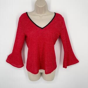 A. Byer VINTAGE Red Bell Sleeve Top S Sparkle Metallic Thread V-Neck Neck Sash
